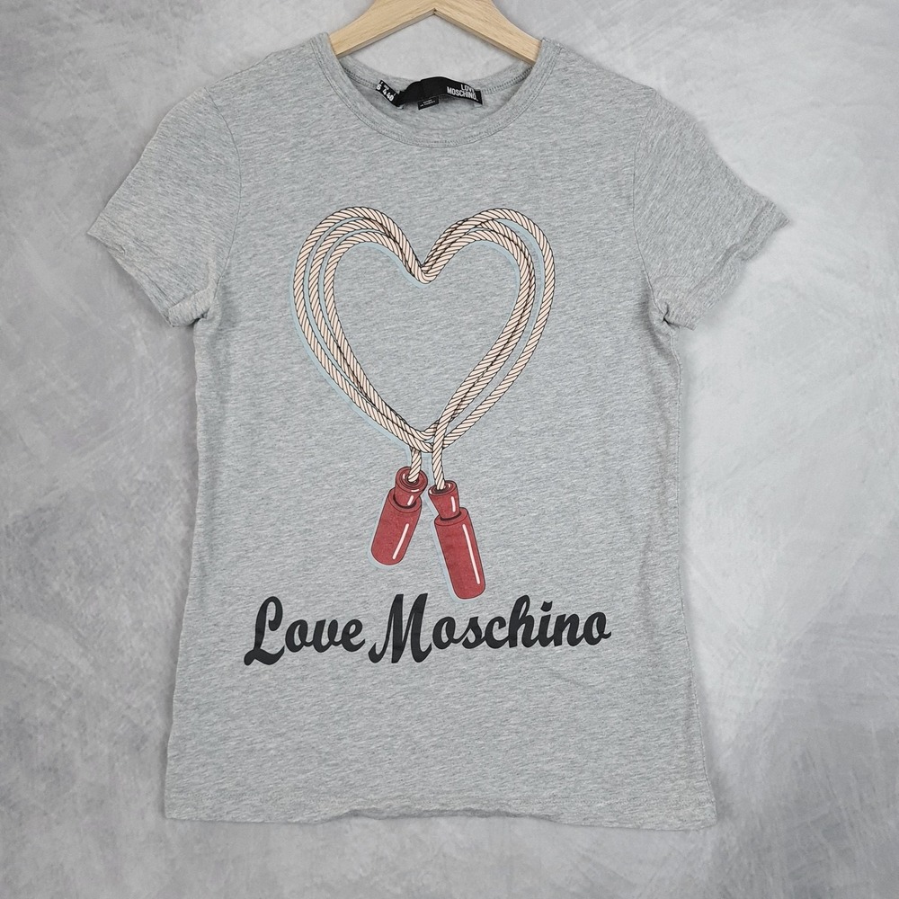 Love Moschino T Shirt Womens 4 Gray Rope Heart Graphic Logo Tee Short Sleeve